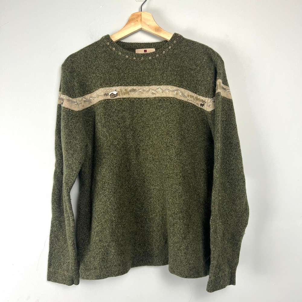 Woolrich Womens L Green Lambswool Sweater Cabincore Embroidered Rustic Lodge